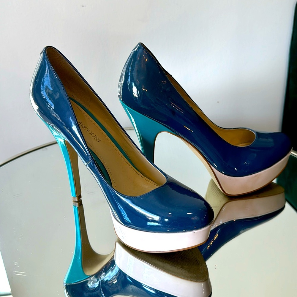 𝅺ENZO Angiolini blue teal tan stiletto pumps Size 8.5